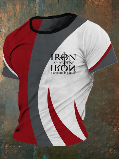 Men's vintage T-shirt with a cross print "Faith, iron sharpens iron, brothers in Christ"