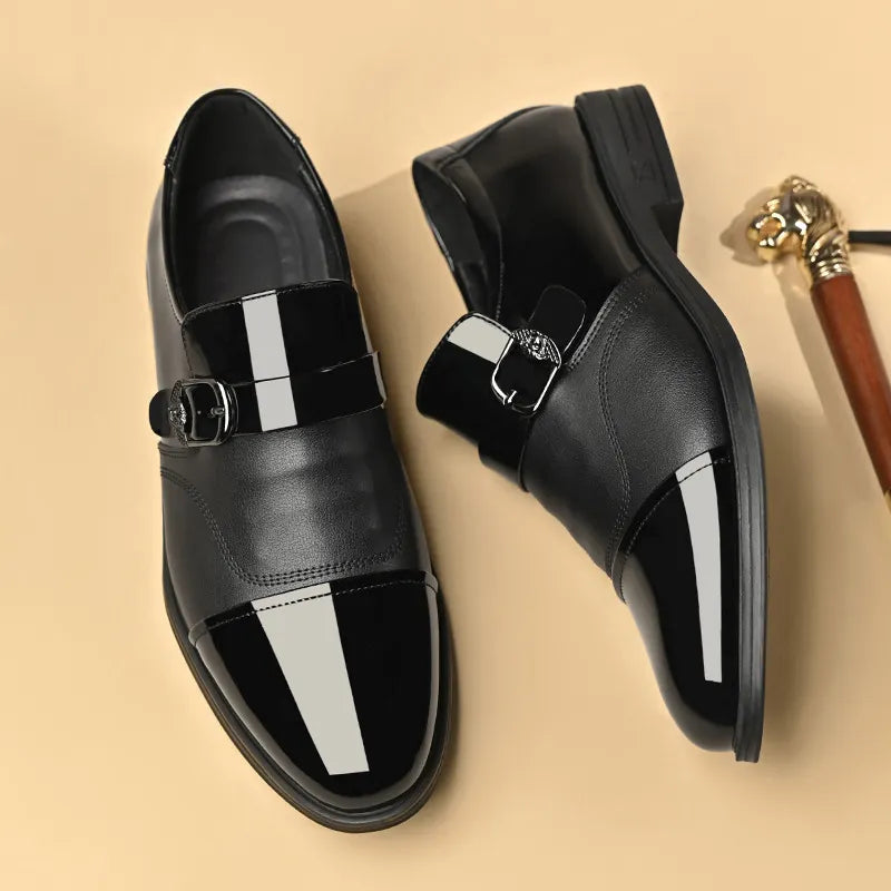 Men's Business Patent Leather Shine Cap Toe Metal Buckle Slip On Monk Loafers Dress Shoes