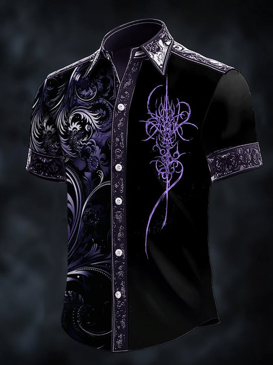 Men's Casual Fashion Dark Pattern Cross Contrast Satin Shirt