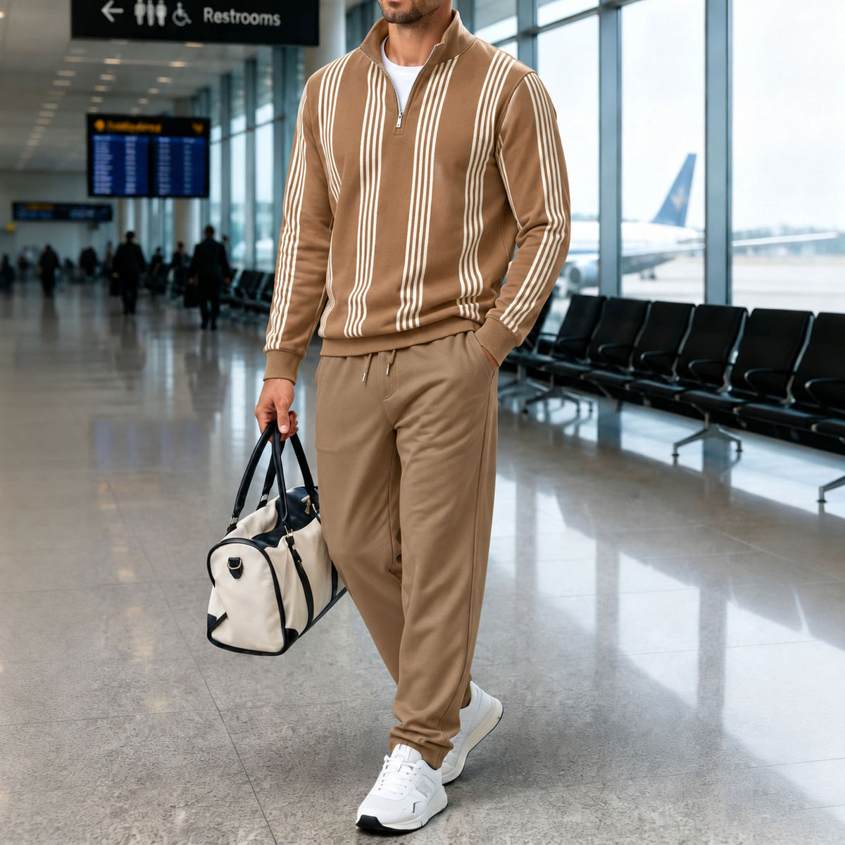 Men's Striped Stand-Up Collar Long-Sleeve Shirt and Pants Set