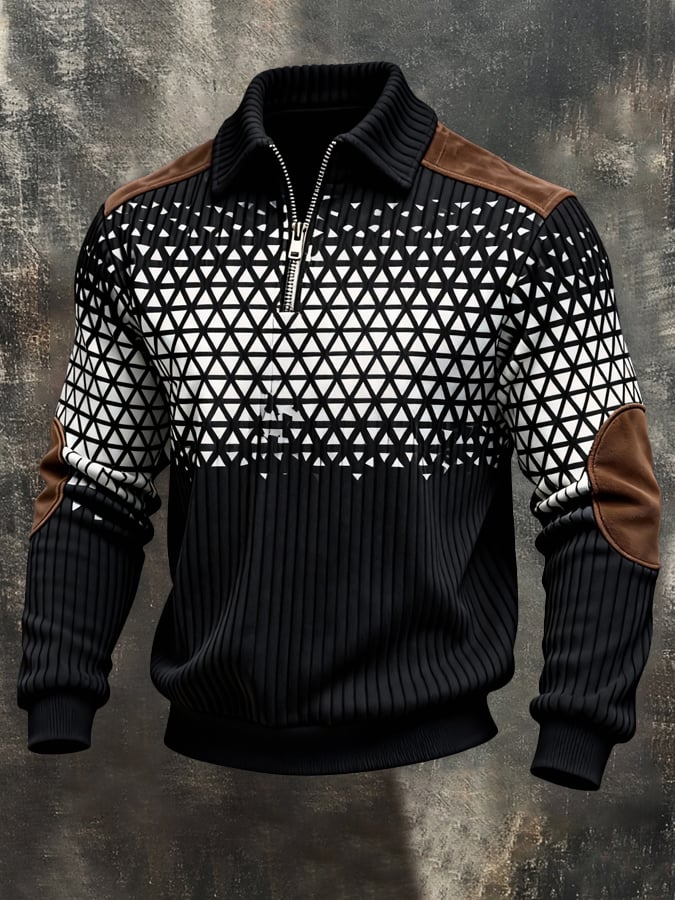 Men's Retro Color Block Print Color-Blocked Zip-Up Sweatshirt