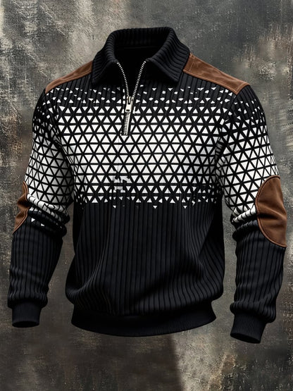 Men's Retro Color Block Print Color-Blocked Zip-Up Sweatshirt