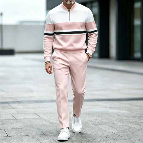 Men's Two-Tone Round-Neck Zipper Long-Sleeve Shirt and Pants Set