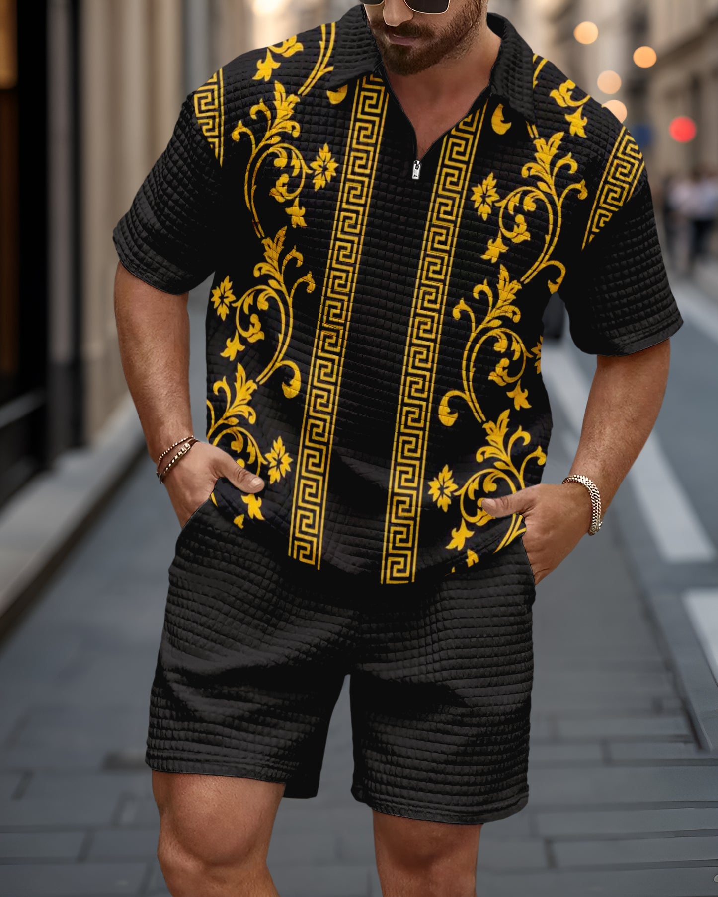 Men's Casual Art Print Waffle Texture Summer Polo Set 059