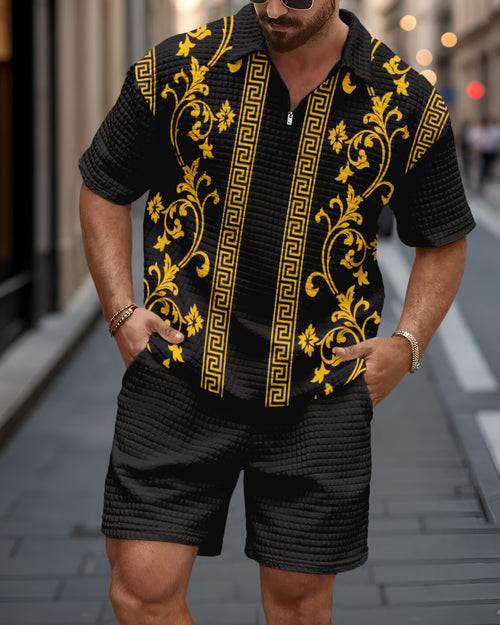 Men's Casual Art Print Waffle Texture Summer Polo Set 059