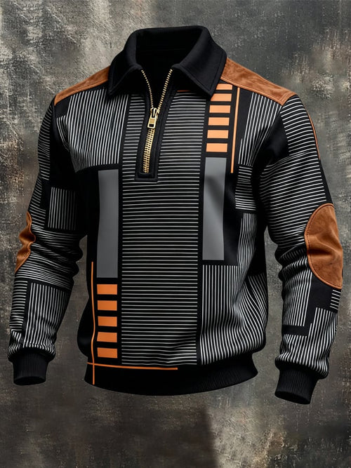 Men's Retro Color Block Print Zipper Sweatshirt