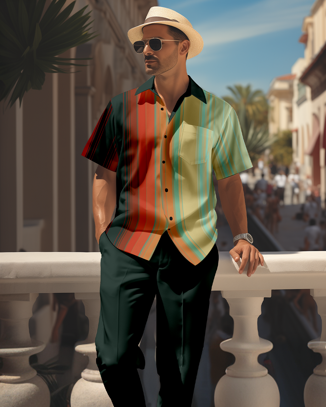 Men's retro colorblock short-sleeved shirt walking Suit 1696