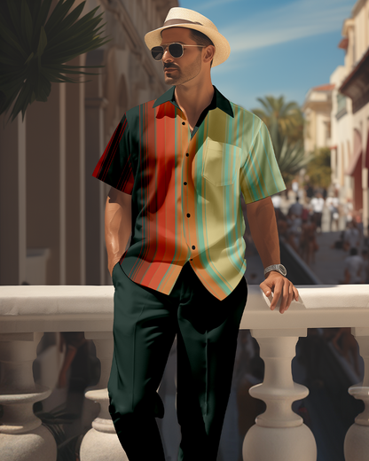 Men's retro colorblock short-sleeved shirt walking Suit 1696