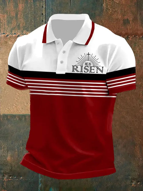 Men's casual retro polo shirt with "He Is Risen" print