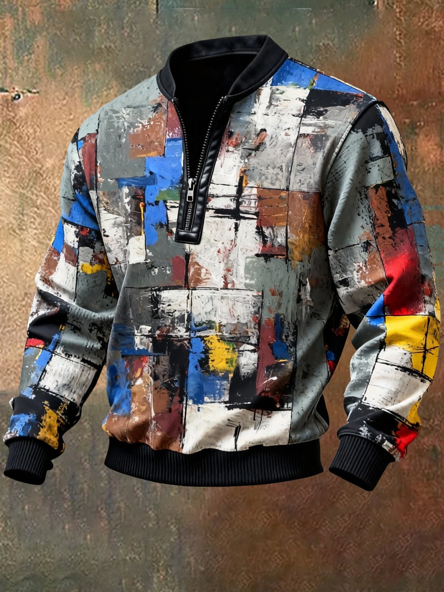 Men'S Casual Retro Contrast Color Half Zip Stand Collar Long Sleeve Sweatshirt