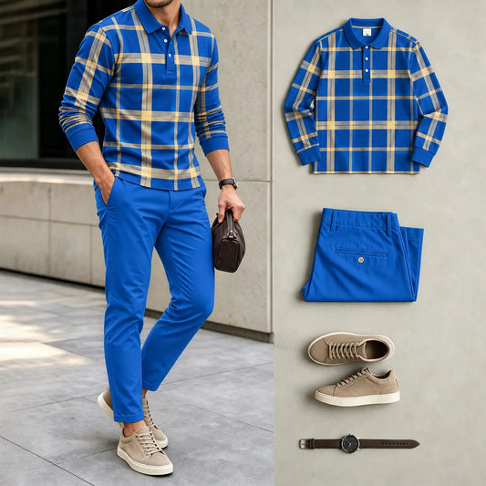 Men's Printed Polo Shirt and Pants Set