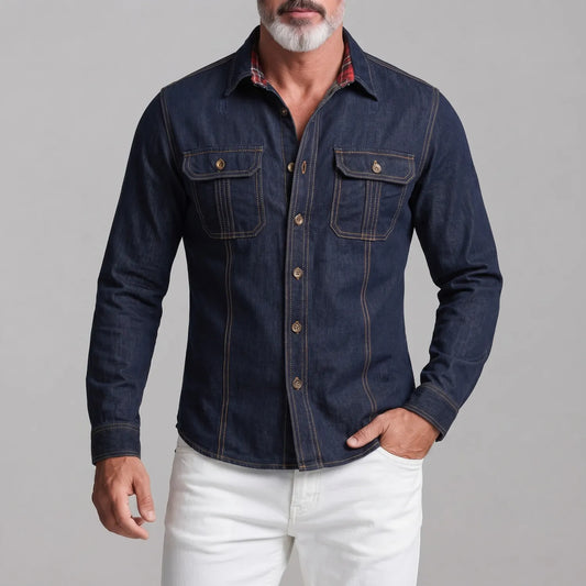 Men's Navy Blue Denim Chest Flap Pockets Button-up Long Sleeve Shirt