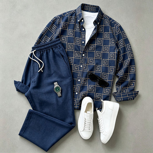 Men's Long-Sleeve Shirt and Pants Set with Swastika Print