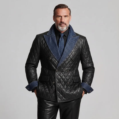Men's Black Double-Breasted Denim Contrast Peak Lapel Quilted PU Leather Blazer