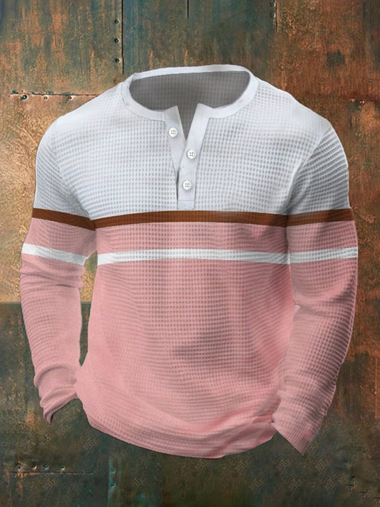 Men's Vintage Waffle Color Patch Henley Neck T-Shirt