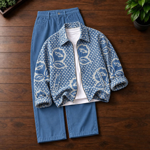 Men's Printed Lapel-Collar Zip-Up Cardigan and Pants Set
