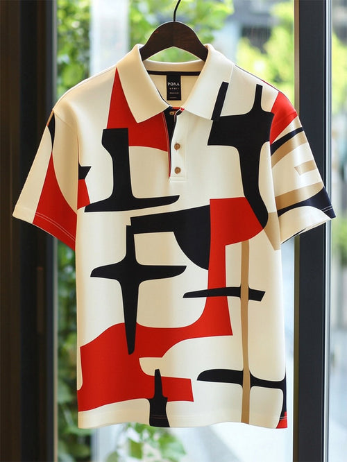 Men's Vintage Casual Bauhaus Geometric Art Button Short Sleeve Polo Shirt