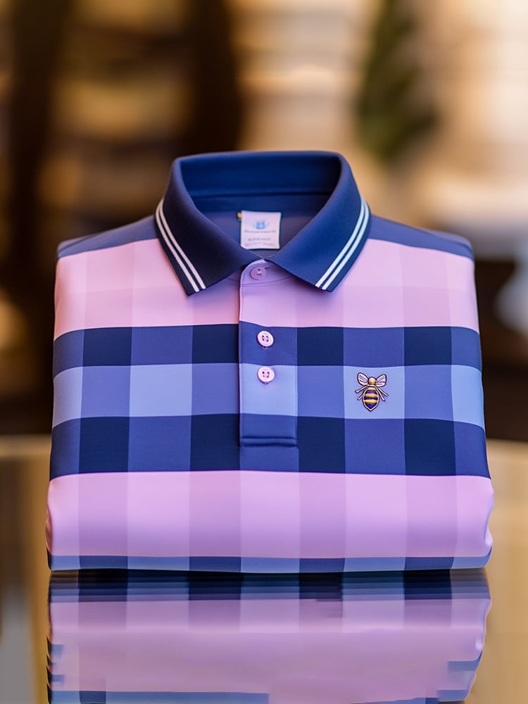 Men's Classic Business Check Logo Button Short Sleeve Polo Shirt