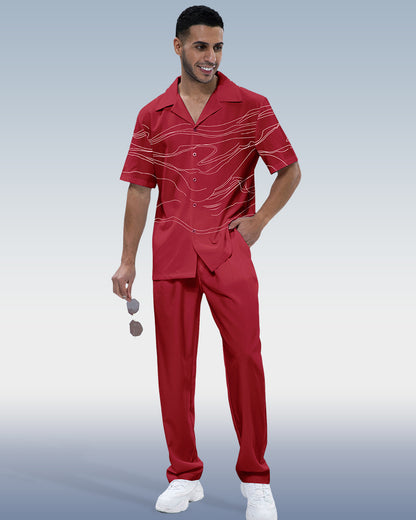 Rianmond Men's Red Art Print Short Sleeve Walking Suit