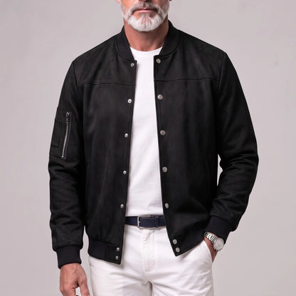 Men's Suede Stand Collar Zipper Pocket Snap Button Casual Bomber Jacket