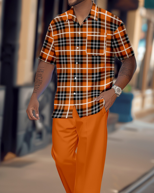 Men's Retro Plaid Colorblock Short Sleeve Shirt Walking Suit 1651