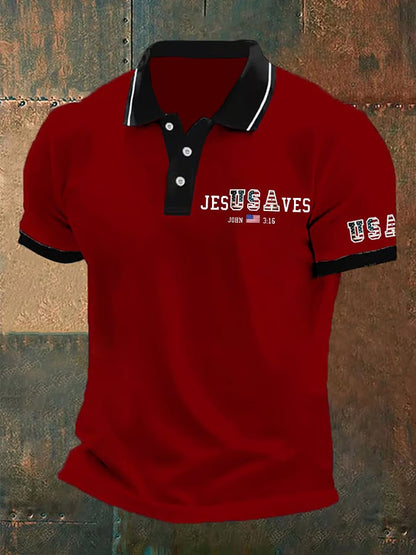 Men's Vintage USA Jesus Saves Printed POLO Shirt