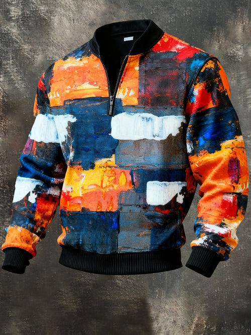 Men'S Casual Retro Contrast Color Half Zip Stand Collar Long Sleeve Sweatshirt