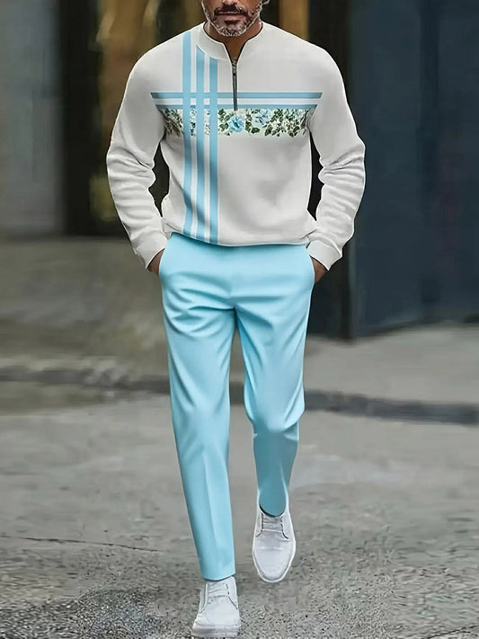 Men's Casual Blue & White Color Matching Geometric Printed Round-Neck Zipper Long Sleeved Sweatshirt & Trousers Two-Piece Set