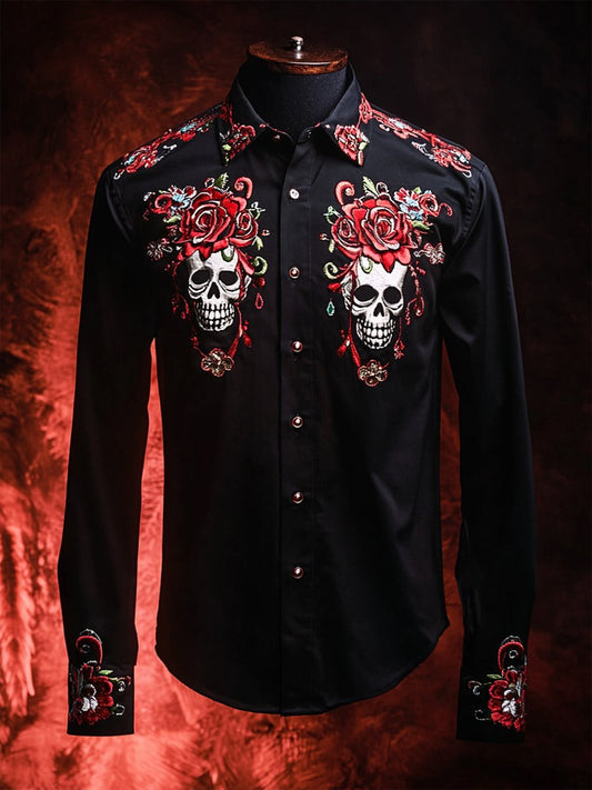 Men's Retro Casual Skull Print Long Sleeve Shirt