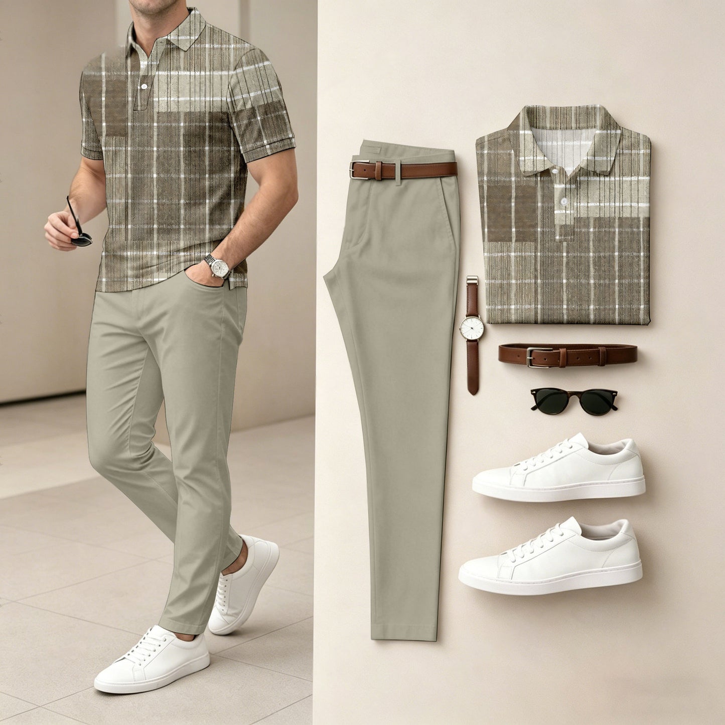 Men's Casual Light Gray Plaid Printed Polo Shirt And Pants Two-Piece Set