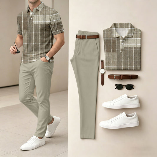 Men's Casual Light Gray Plaid Printed Polo Shirt And Pants Two-Piece Set