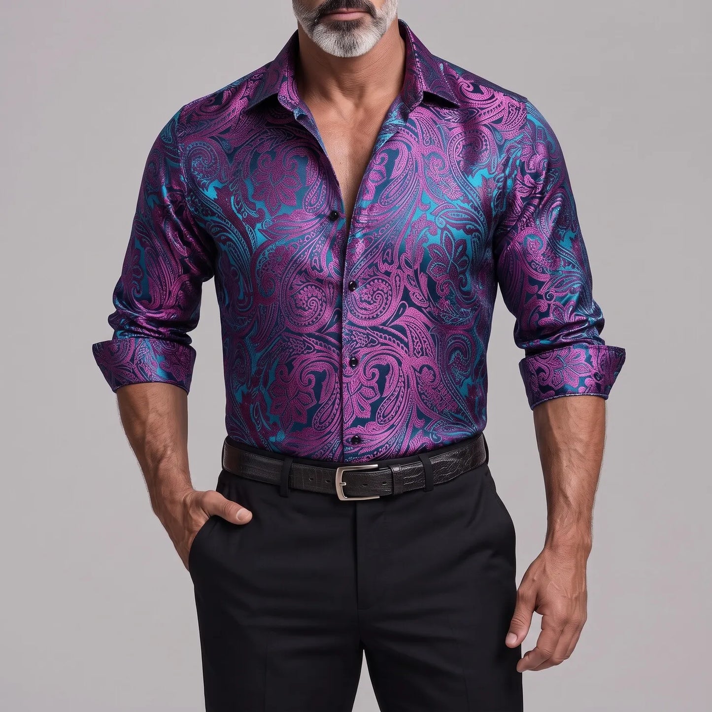 Men's Vintage Paisley Floral Print Button Up Slim Fit Long Sleeve Shirt