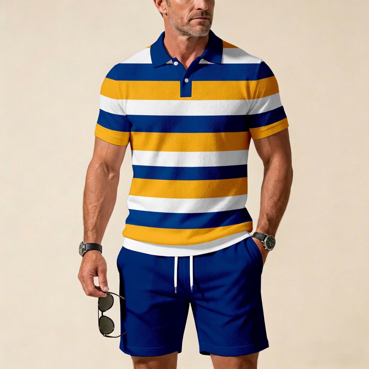 Men's Casual Color Matching Printed Short Sleeved Zipper Polo Shirt & Shorts Two-Piece Set
