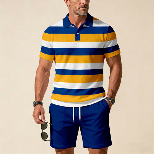 Men's Casual Color Matching Printed Short Sleeved Zipper Polo Shirt & Shorts Two-Piece Set