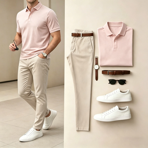 Men's Casual Pink Printed Polo Shirt And Pants Two-Piece Set