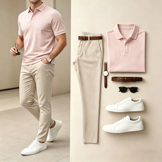 Men's Casual Pink Printed Polo Shirt And Pants Two-Piece Set