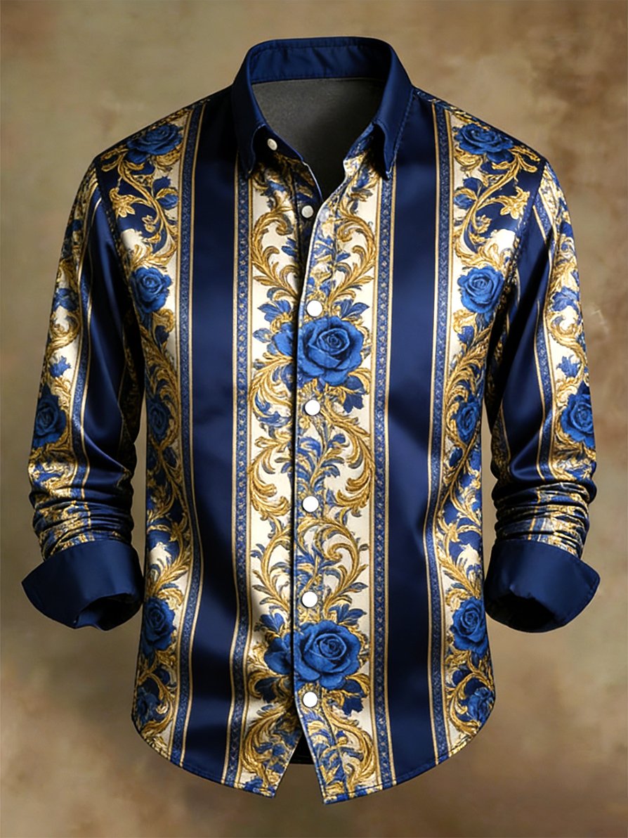 Men's Retro Business Color Block Striped Pattern Long-Sleeve Shirt