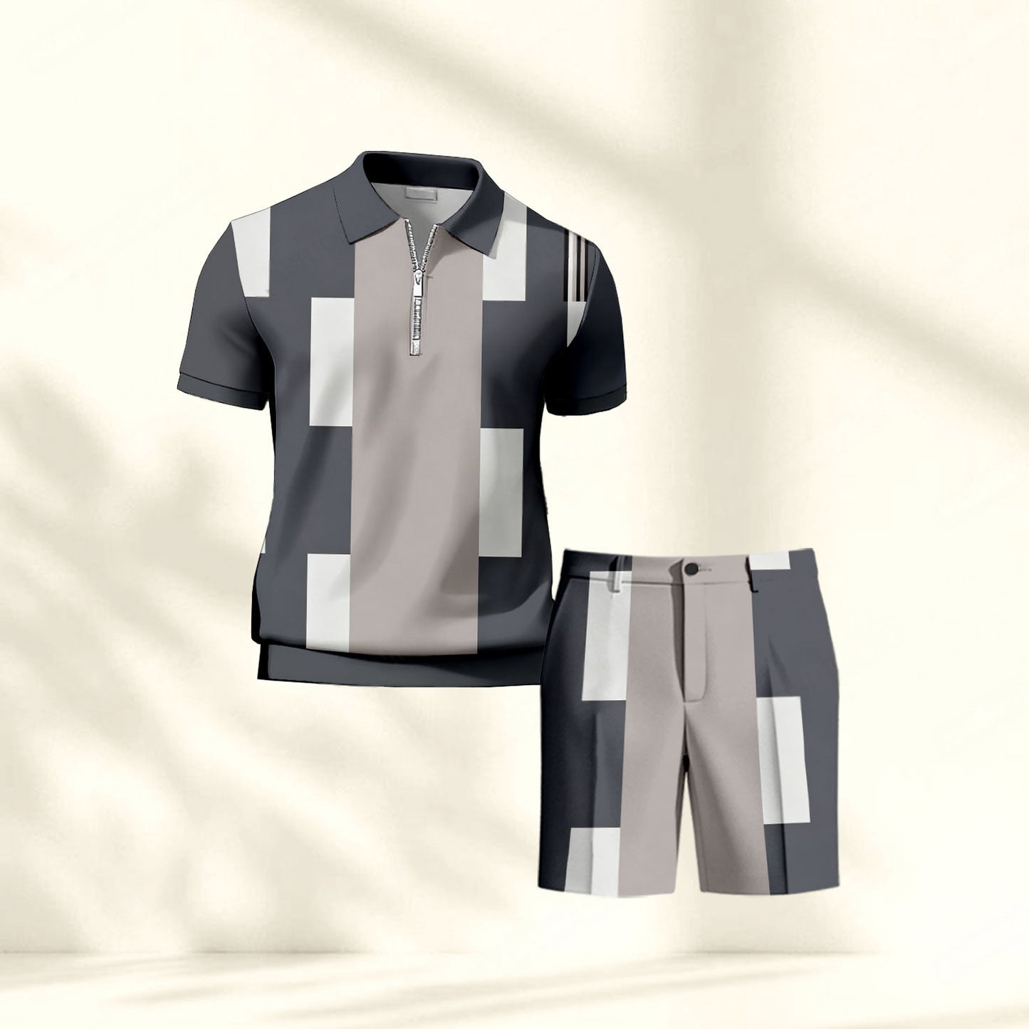 Men's Casual Gray Geometry Printed Polo Shirt And Pants Two-Piece Set