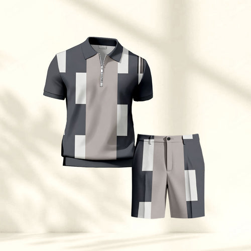 Men's Casual Gray Geometry Printed Polo Shirt And Pants Two-Piece Set
