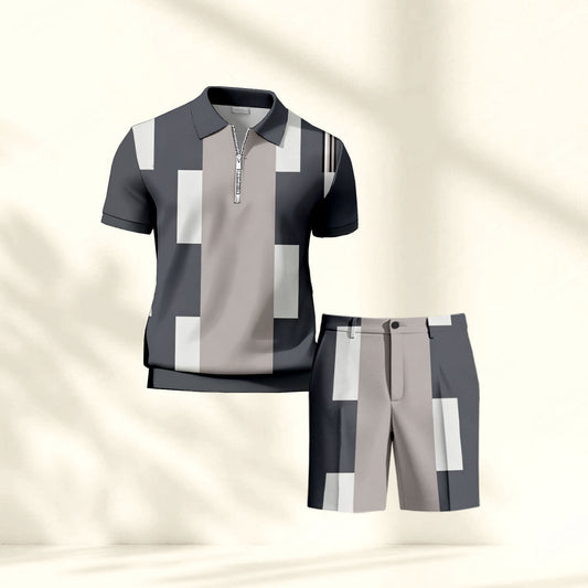 Men's Casual Gray Geometry Printed Polo Shirt And Pants Two-Piece Set