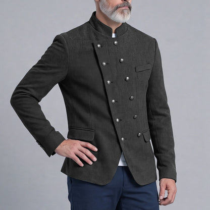 Men's Double-Breasted Slim-Fit Stand-Up Collar Suit with Diagonal Placket