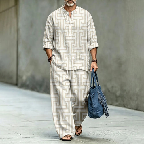 Men's Two-Piece Suit Set with Stand-Up Collar Polo Shirt and Long Pants, Featuring a Swastika Pattern