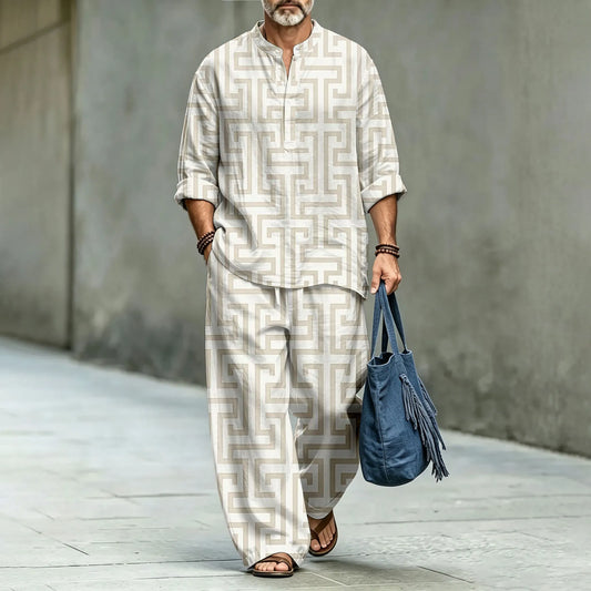 Men's Two-Piece Suit Set with Stand-Up Collar Polo Shirt and Long Pants, Featuring a Swastika Pattern