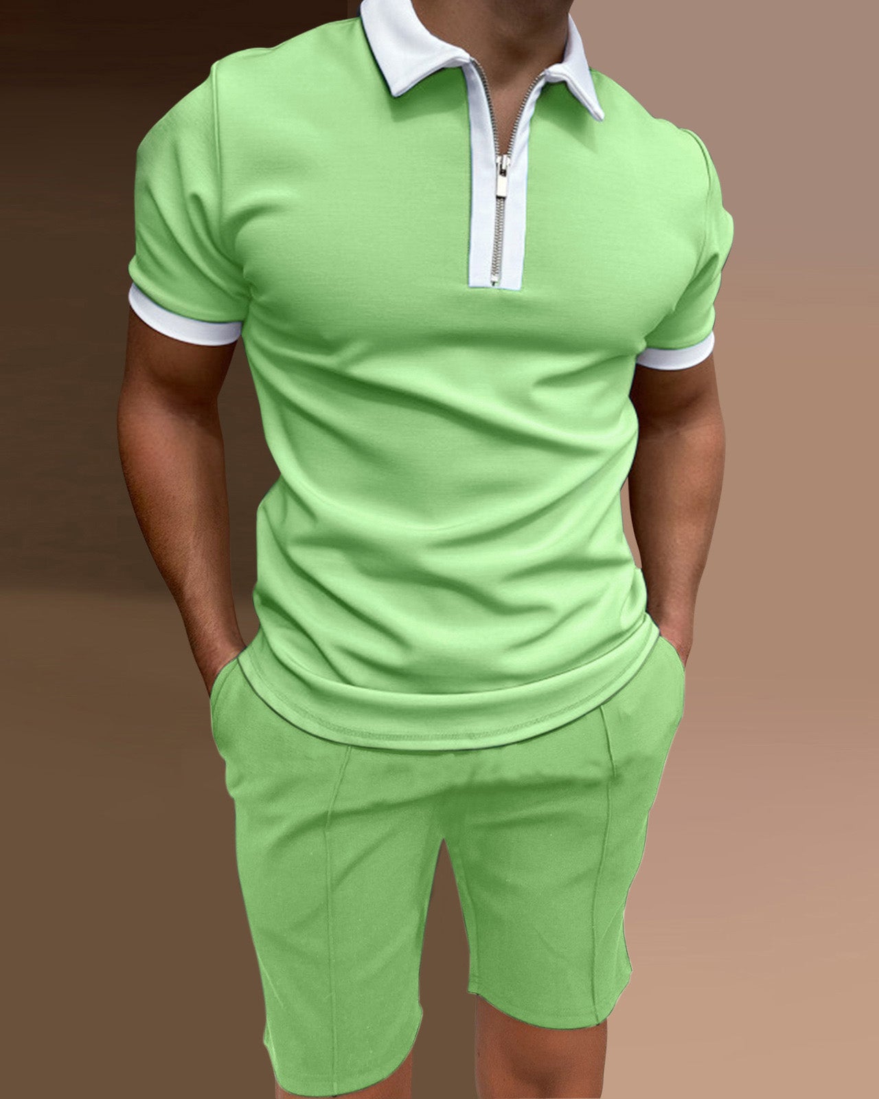 Men's polo shirt casual solid color two piece set