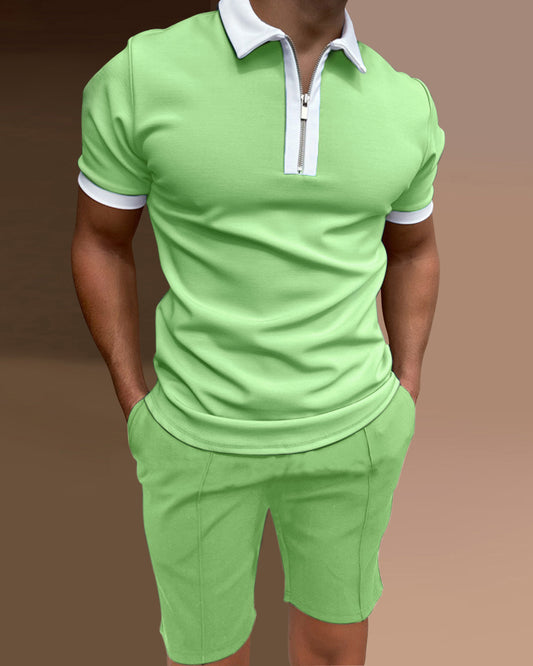 Men's polo shirt casual solid color two piece set