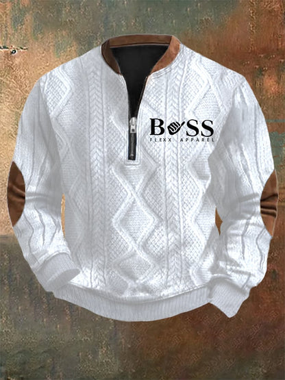 Men's Retro Letter Design Jacquard Fabric Zipper Neck Sweatshirt