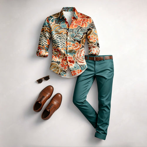 Men's Casual Orange Color Matching Geometric Printed Long Sleeved Shirt & Trousers Two-Piece Set
