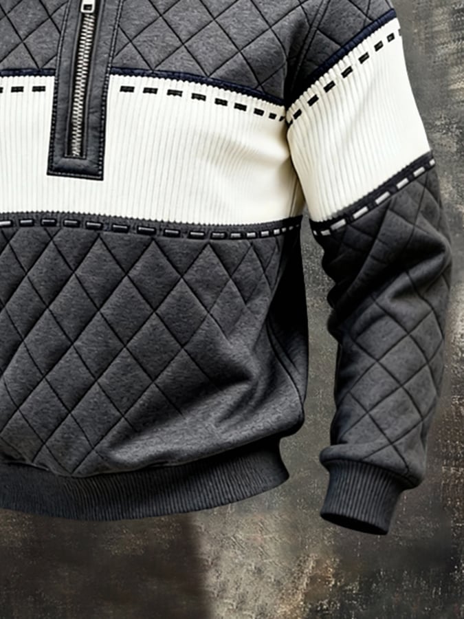Men's Retro Color Block Print Color-Blocked Zip-Up Sweatshirt