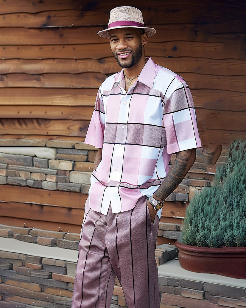 Men's Textured Short Sleeve Printed Two-Piece Walking Pants Set 023