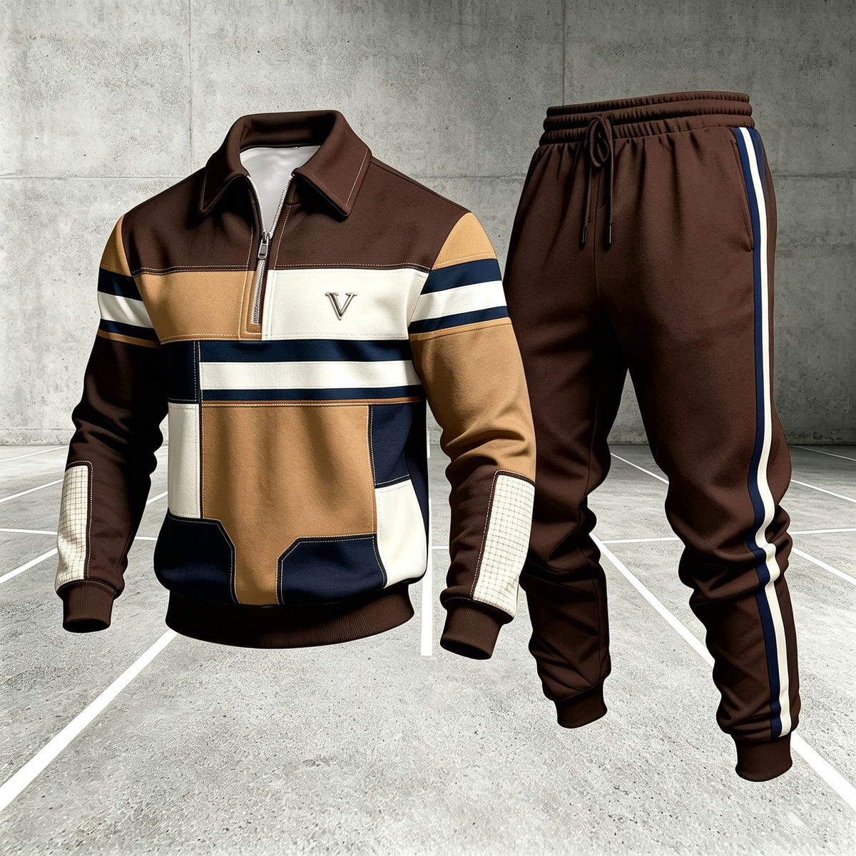 Men's Printed Zipper Polo Shirt and Pants Set